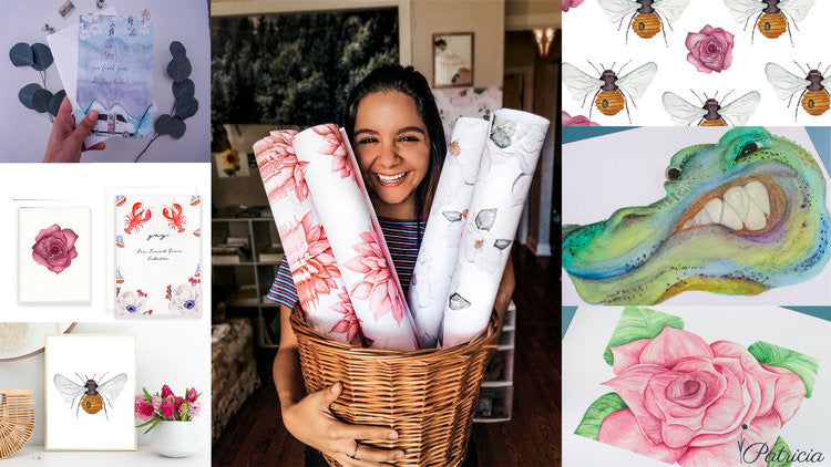 Girl holding wrapping paper and stationery design.