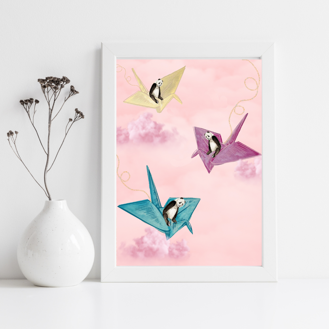 Pandas in Clouds Origami Art Print