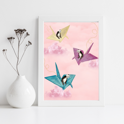 Pandas in Clouds Origami Art Print