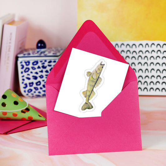 Watercolor Walleye Fishing Sticker in Pink Envelope By Patricia's 