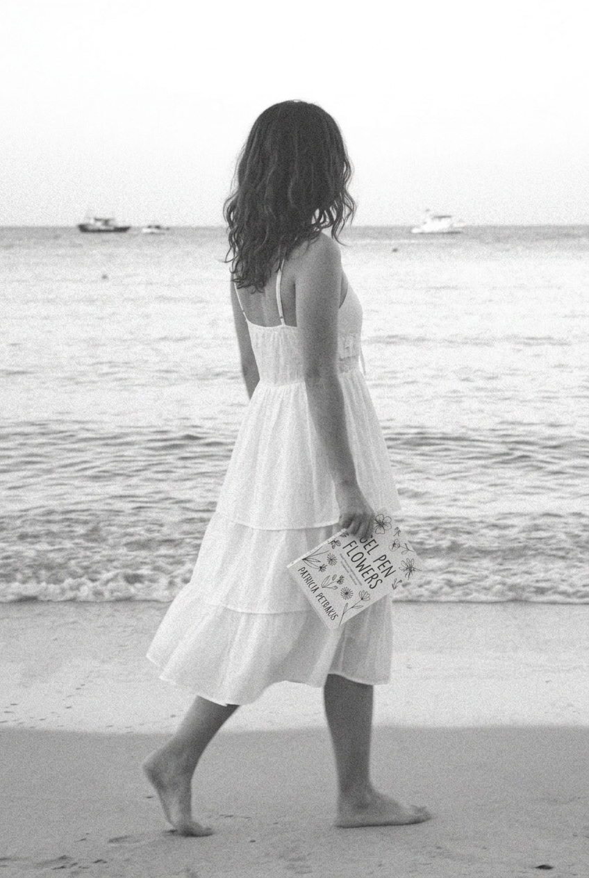 Patricia Petrakis holding her book Gel Pen Flowers on a beach, representing a return to writing and creativity